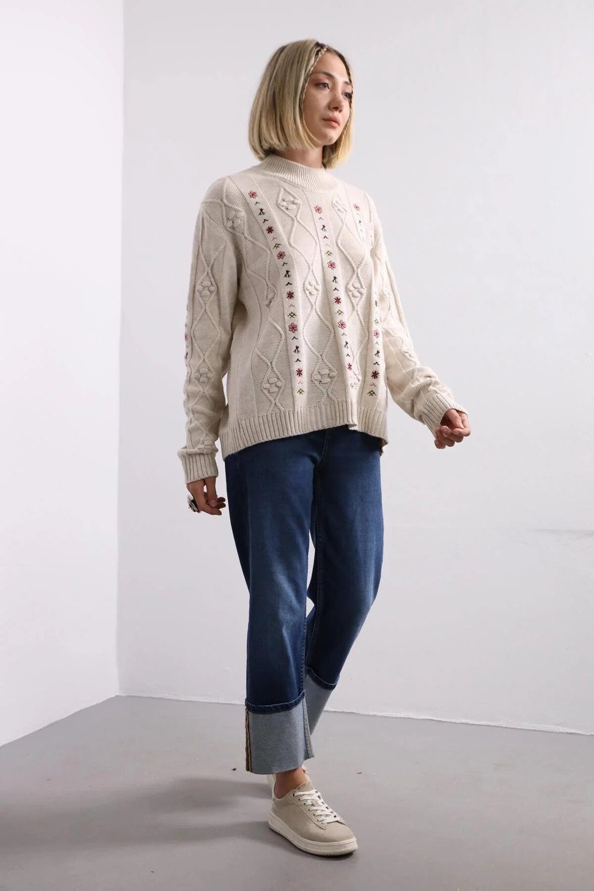 Floral Embroidered Beige Cable Sweater