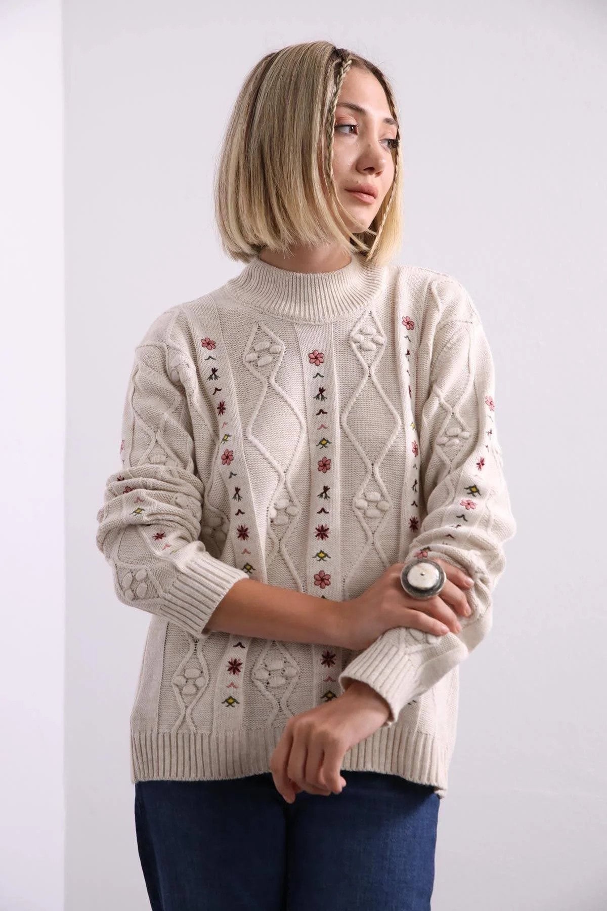 Floral Embroidered Beige Cable Sweater