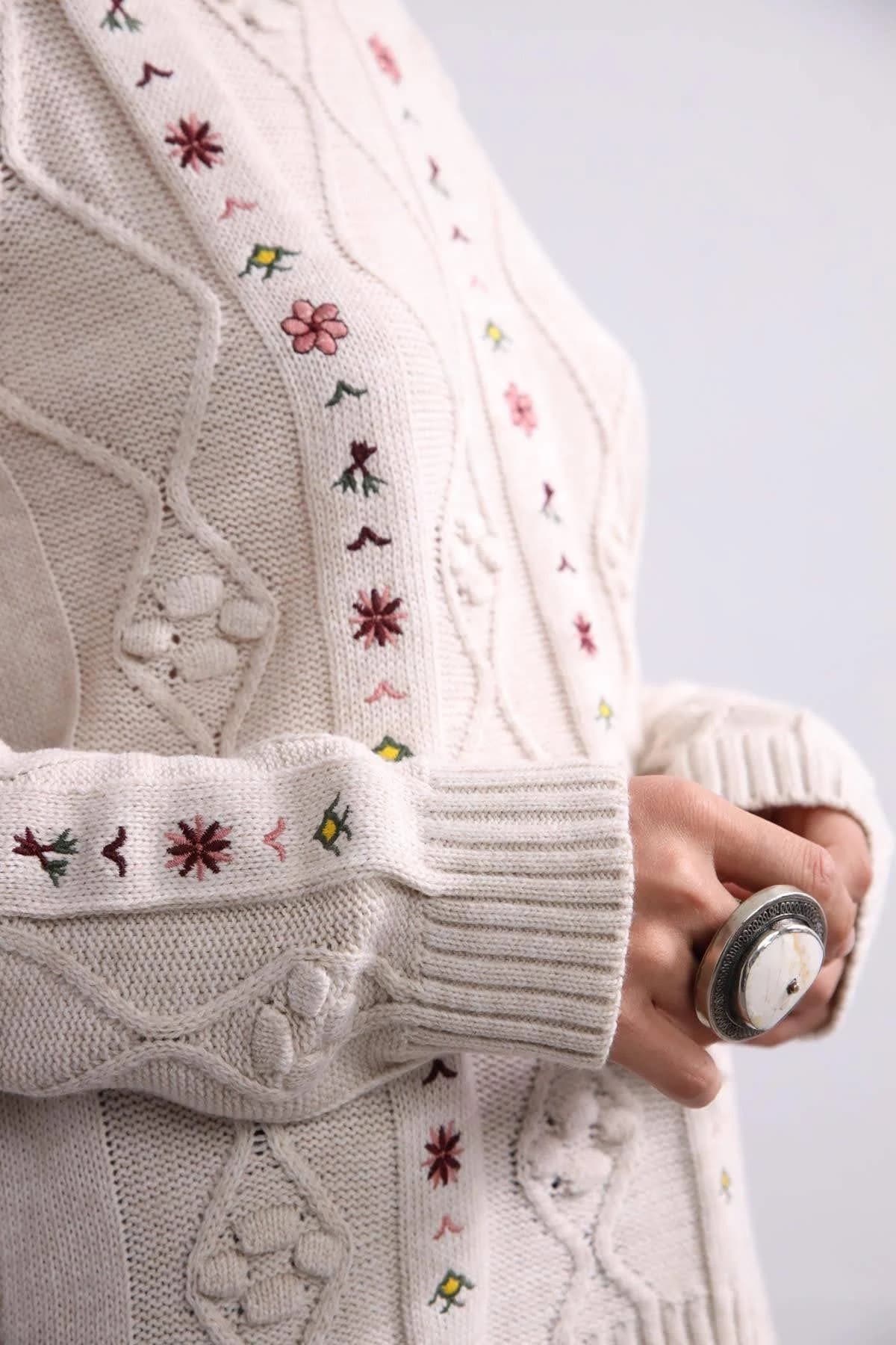 Floral Embroidered Beige Cable Sweater