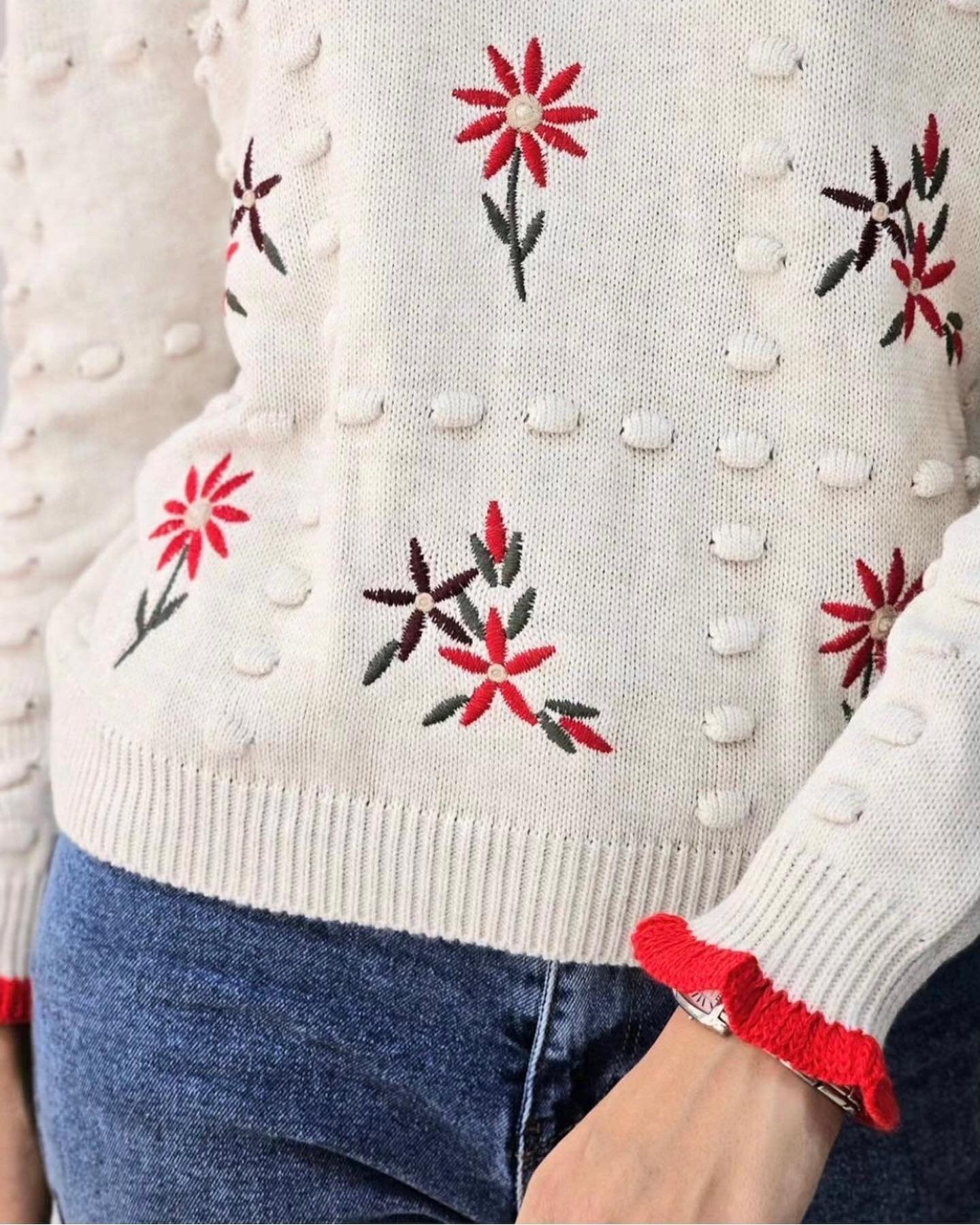 Red Embroidered Knitted Sweater