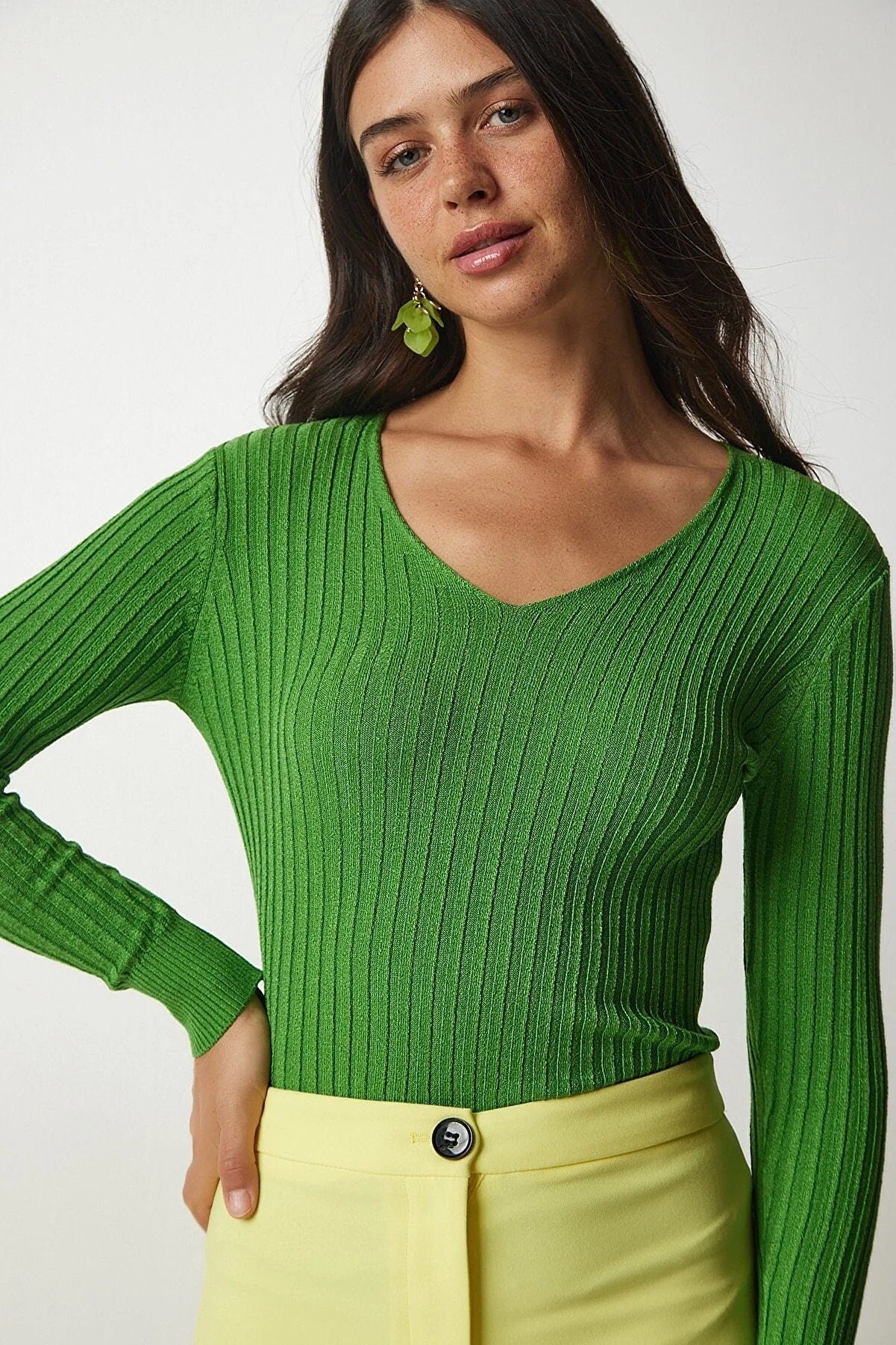 Sleek V-Neck Ribbed Blouse