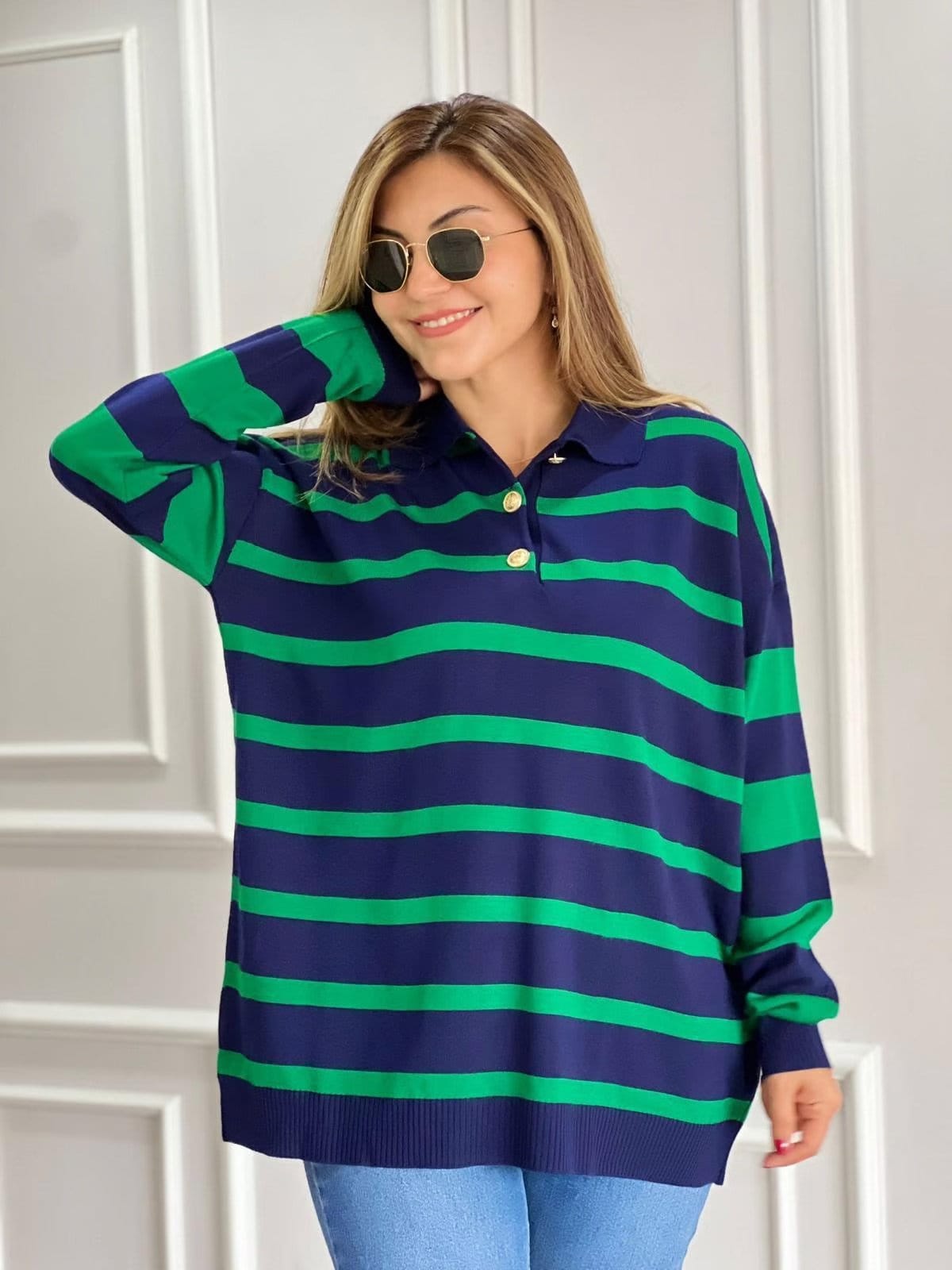 Polo Neck Striped Knit Sweater Green-Dark Blue