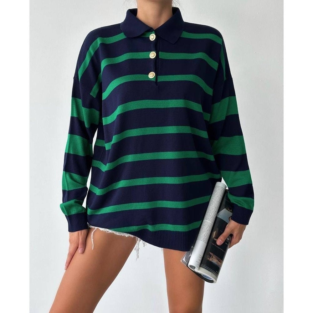 Polo Neck Striped Knit Sweater Green-Dark Blue