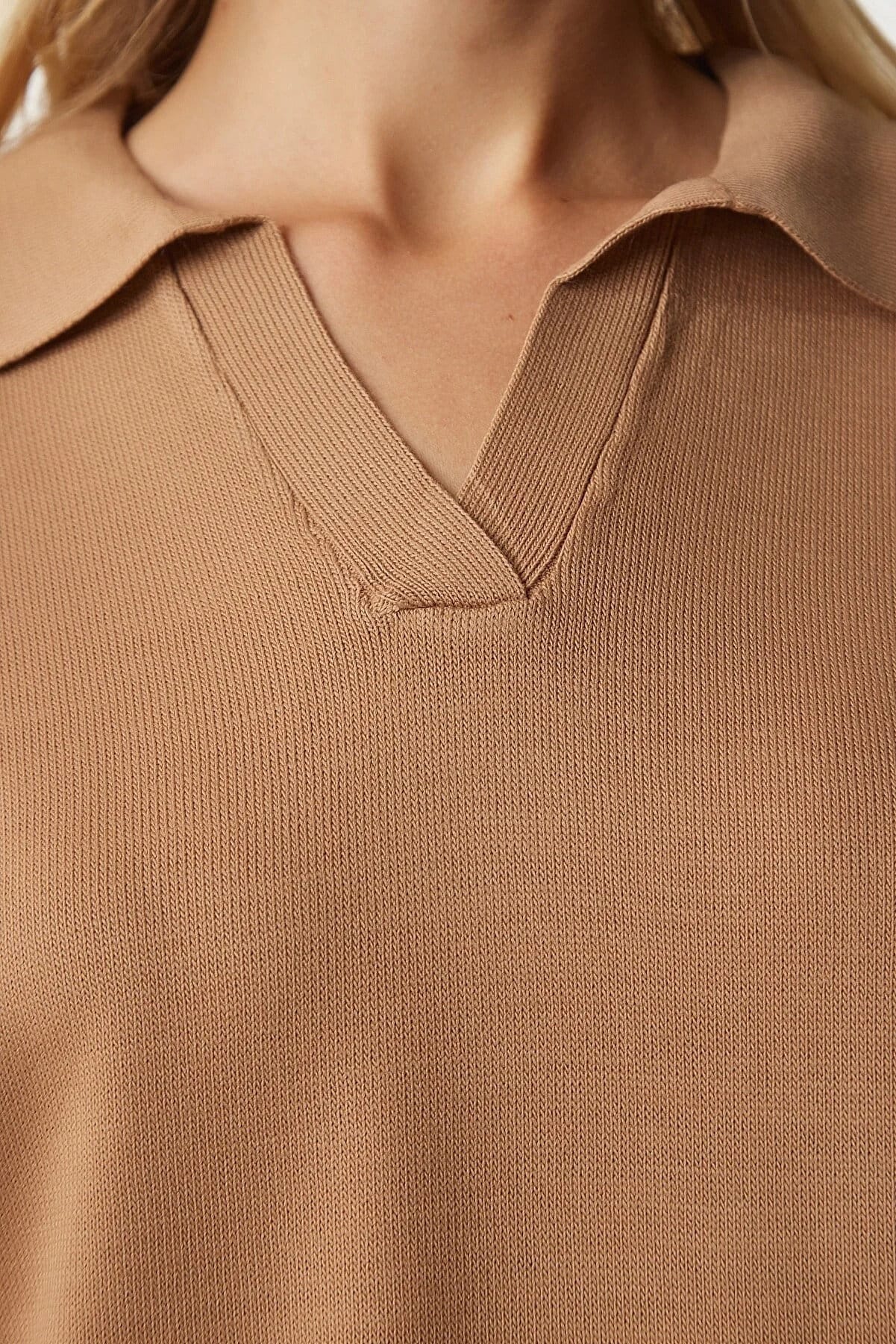 Johnny Collar Polo Camel Sweater