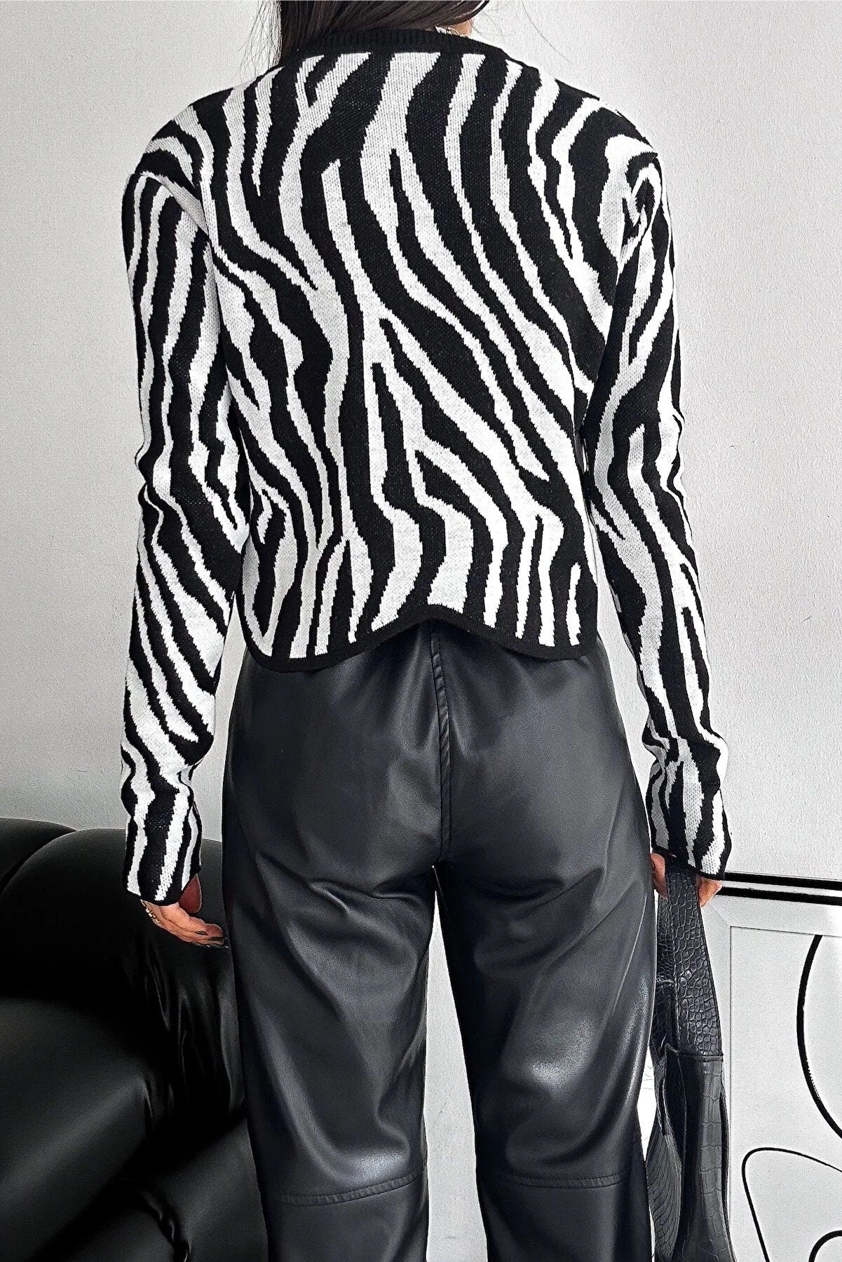 Zebra Striped Pattern High Neck Drop Shoulder Sweater