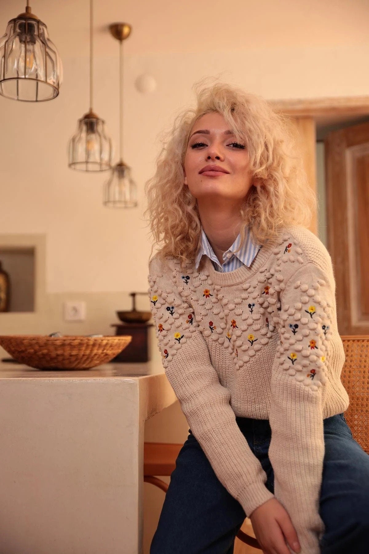 Whimsical Charm Cable Embroidered Knit Sweater