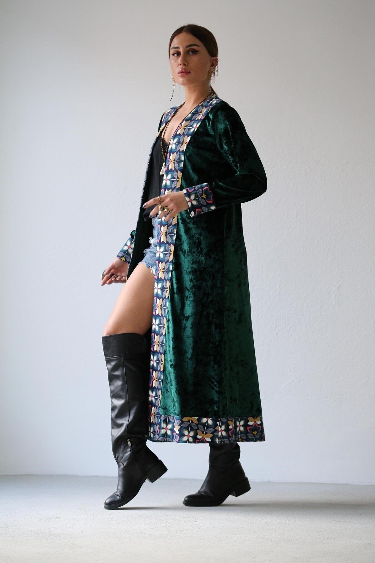 Emerald Green Ethnic Embroidered Velvet Kimono