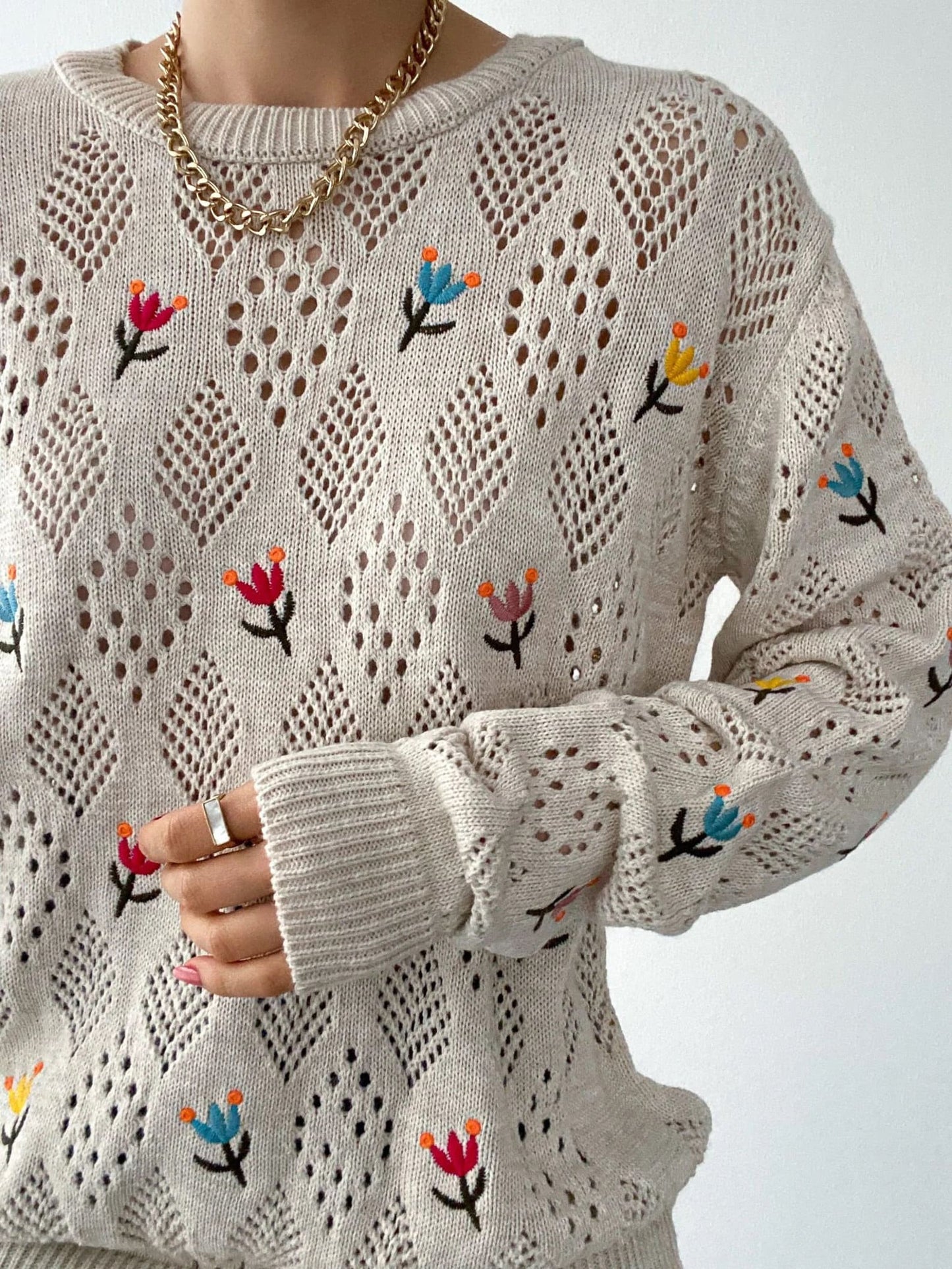 Floral Embroidered Cream Knitted Pullover