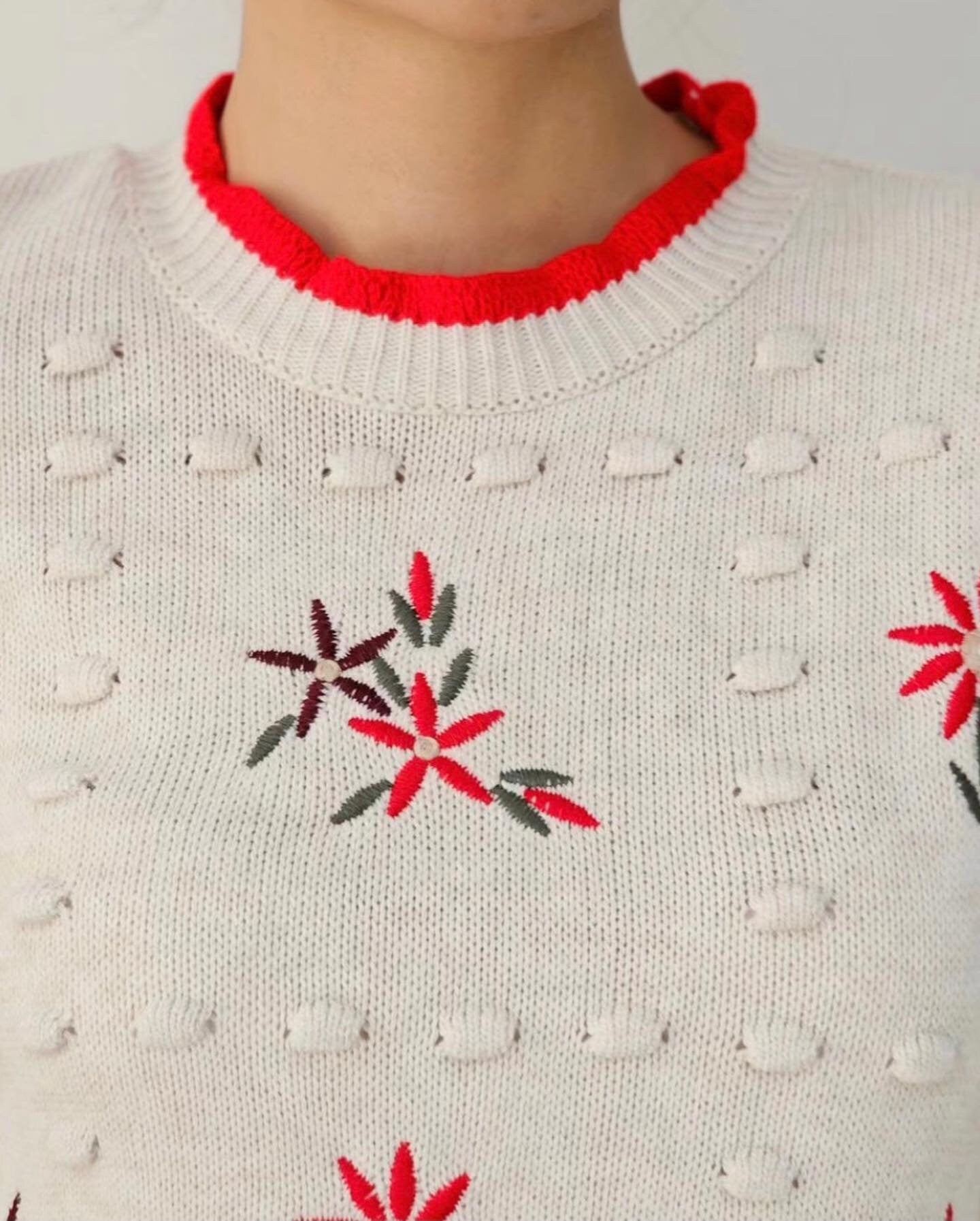Red Embroidered Knitted Sweater