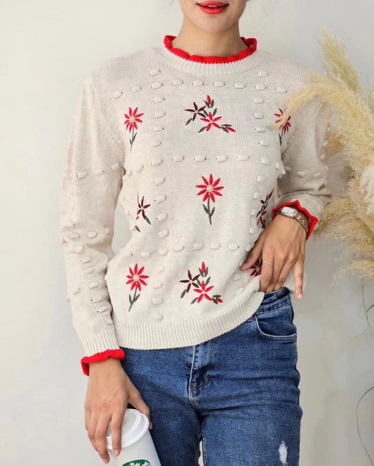 Red Embroidered Knitted Sweater