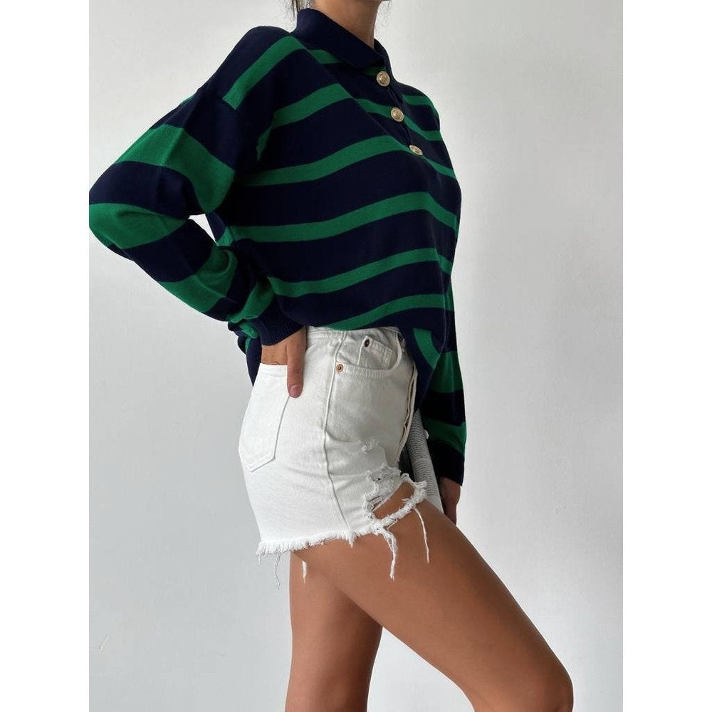 Polo Neck Striped Knit Sweater Green-Dark Blue