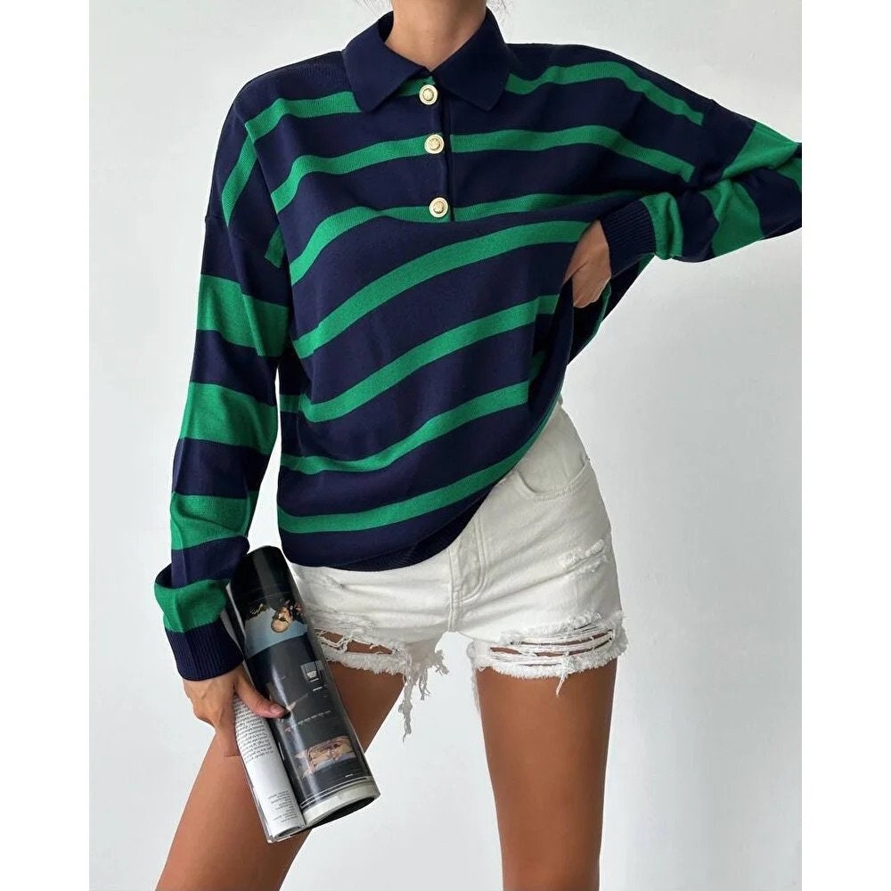 Polo Neck Striped Knit Sweater Green-Dark Blue