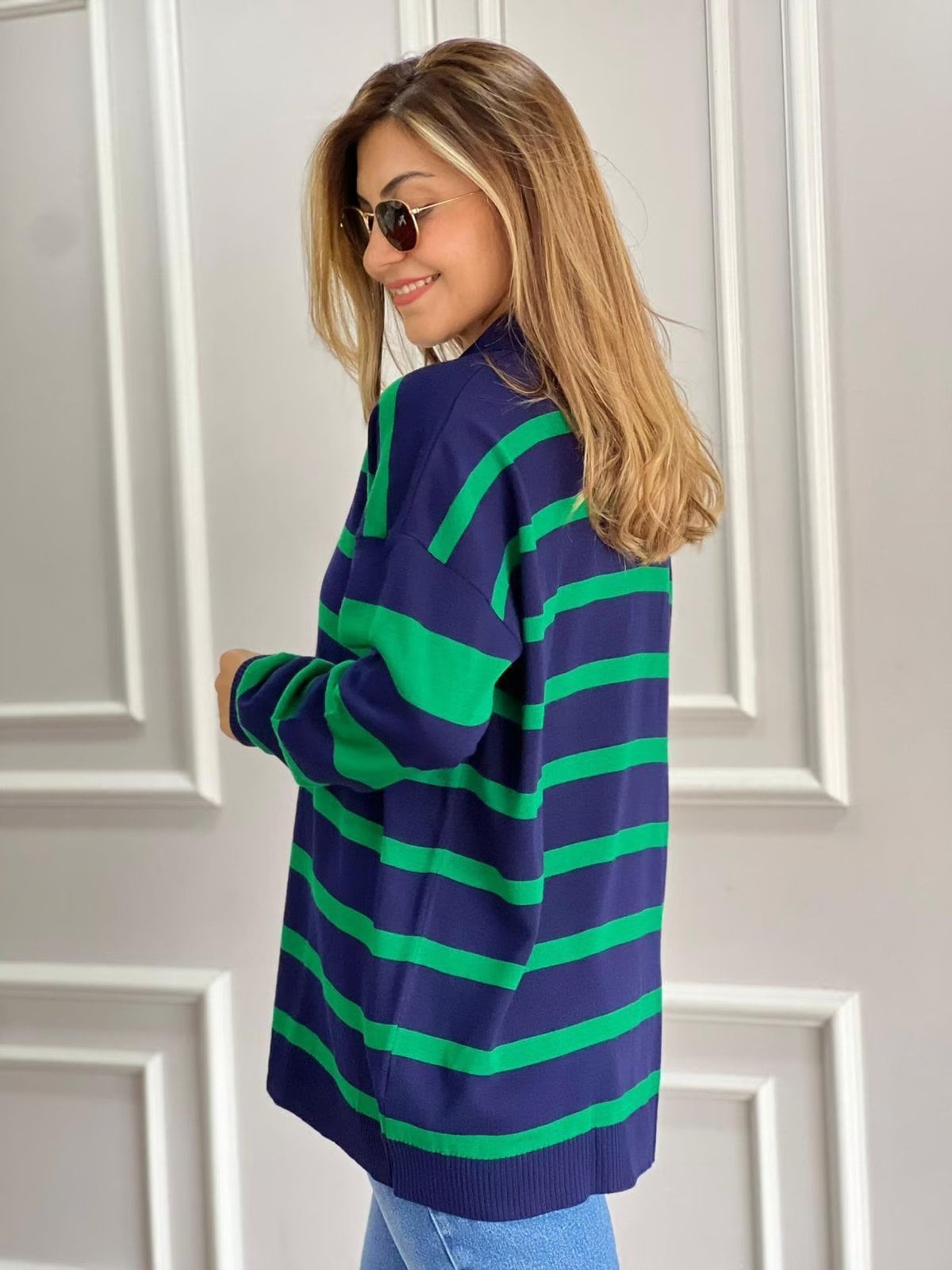 Polo Neck Striped Knit Sweater Green-Dark Blue