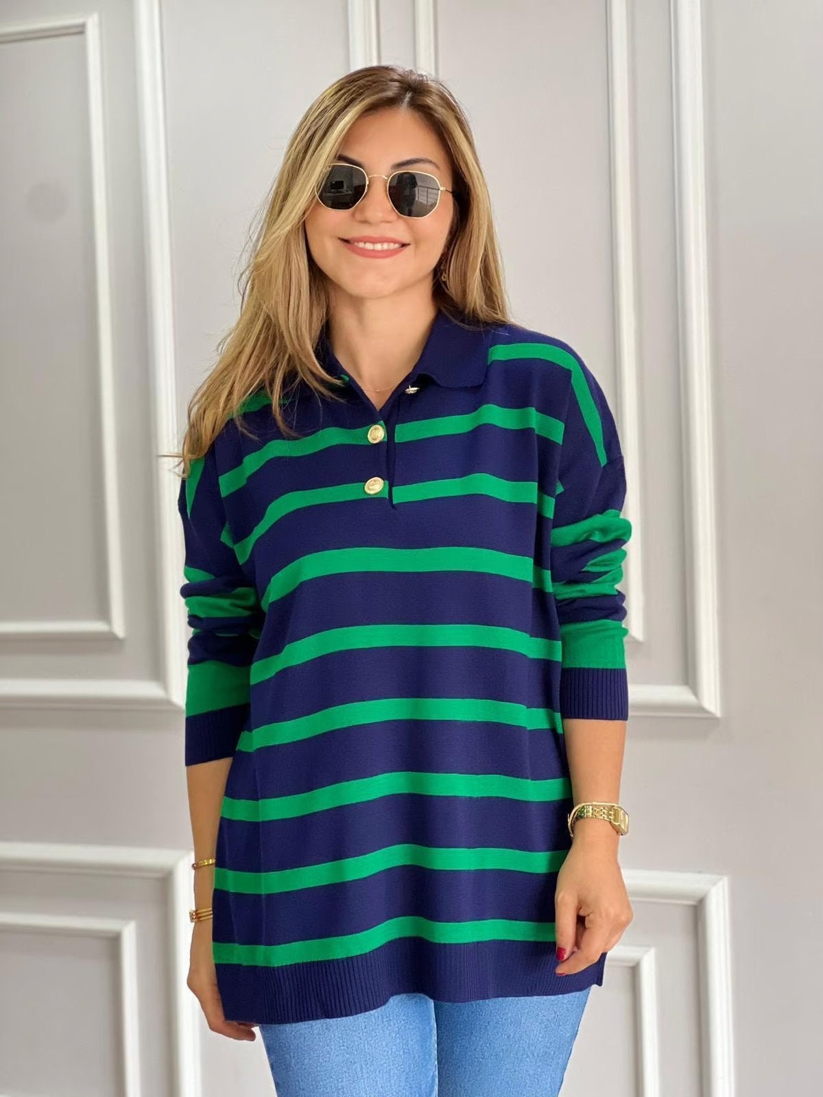 Polo Neck Striped Knit Sweater Green-Dark Blue