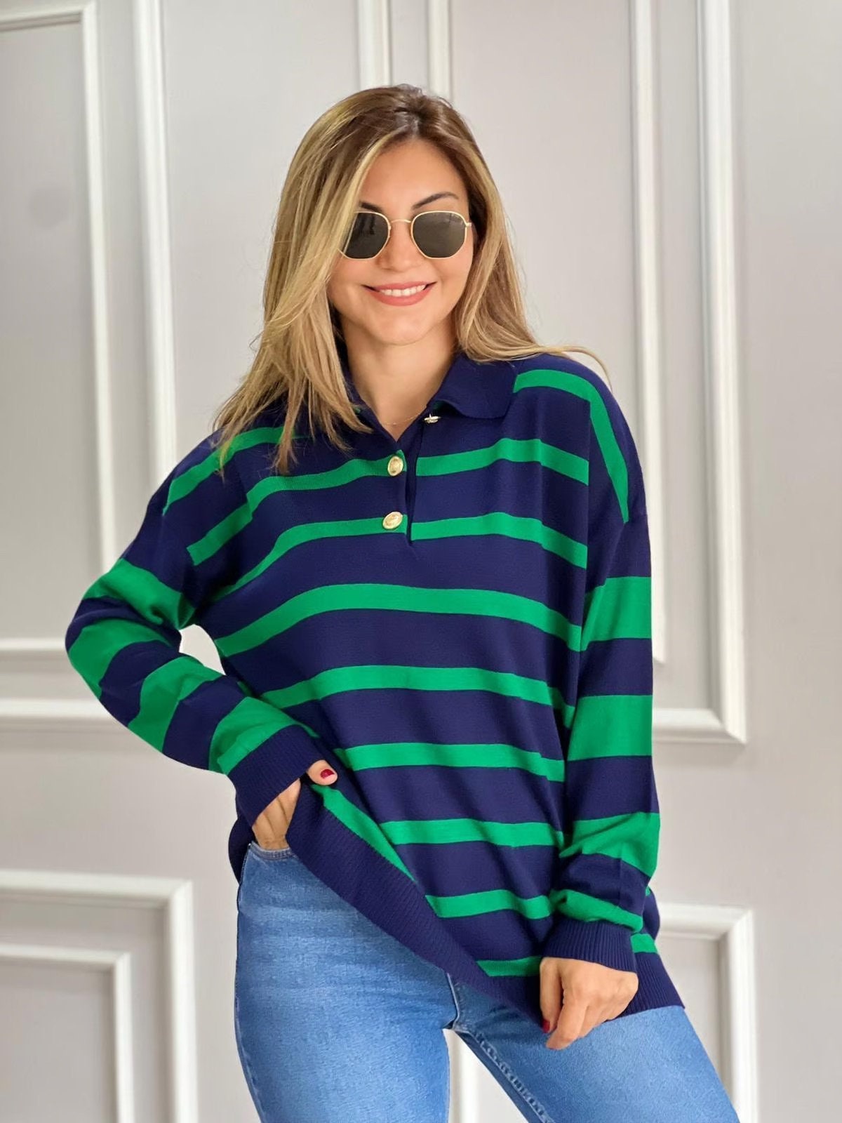 Polo Neck Striped Knit Sweater Green-Dark Blue