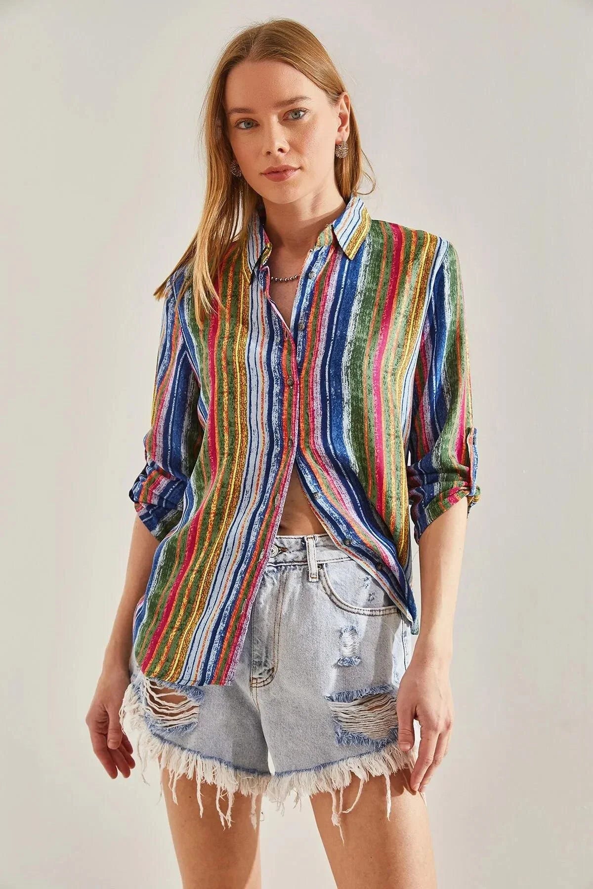 Rainbow Vertical Stripe Button-Down Shirt