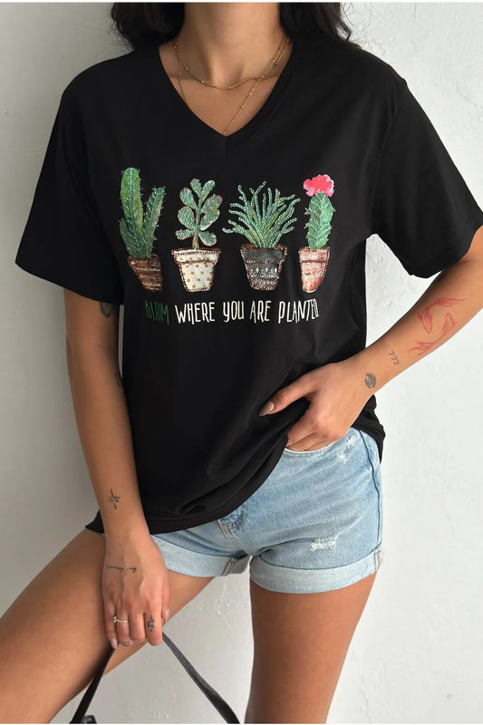 Cactus Floral Sequin Katoenen T-shirt - Zwart 