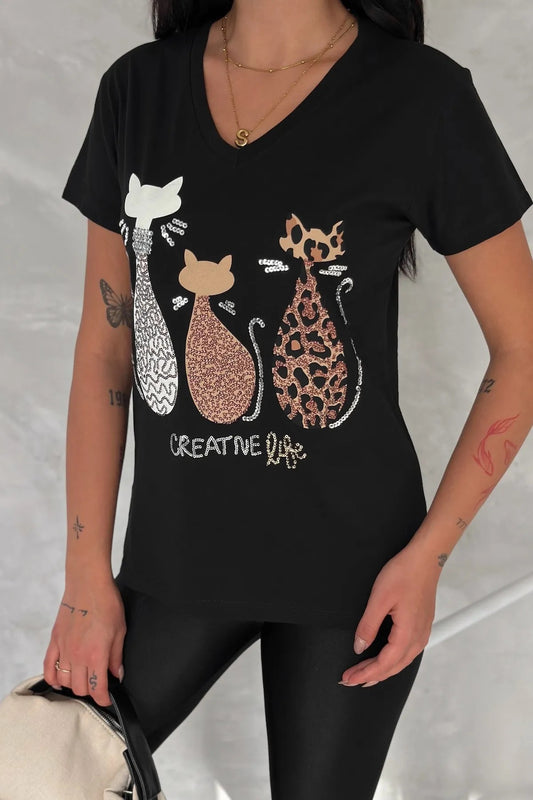 T-shirt met korte mouwen en pailletten van katoen - zwart 