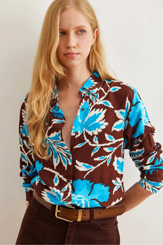 Blue Brown Floral Designer Button Down Shirt