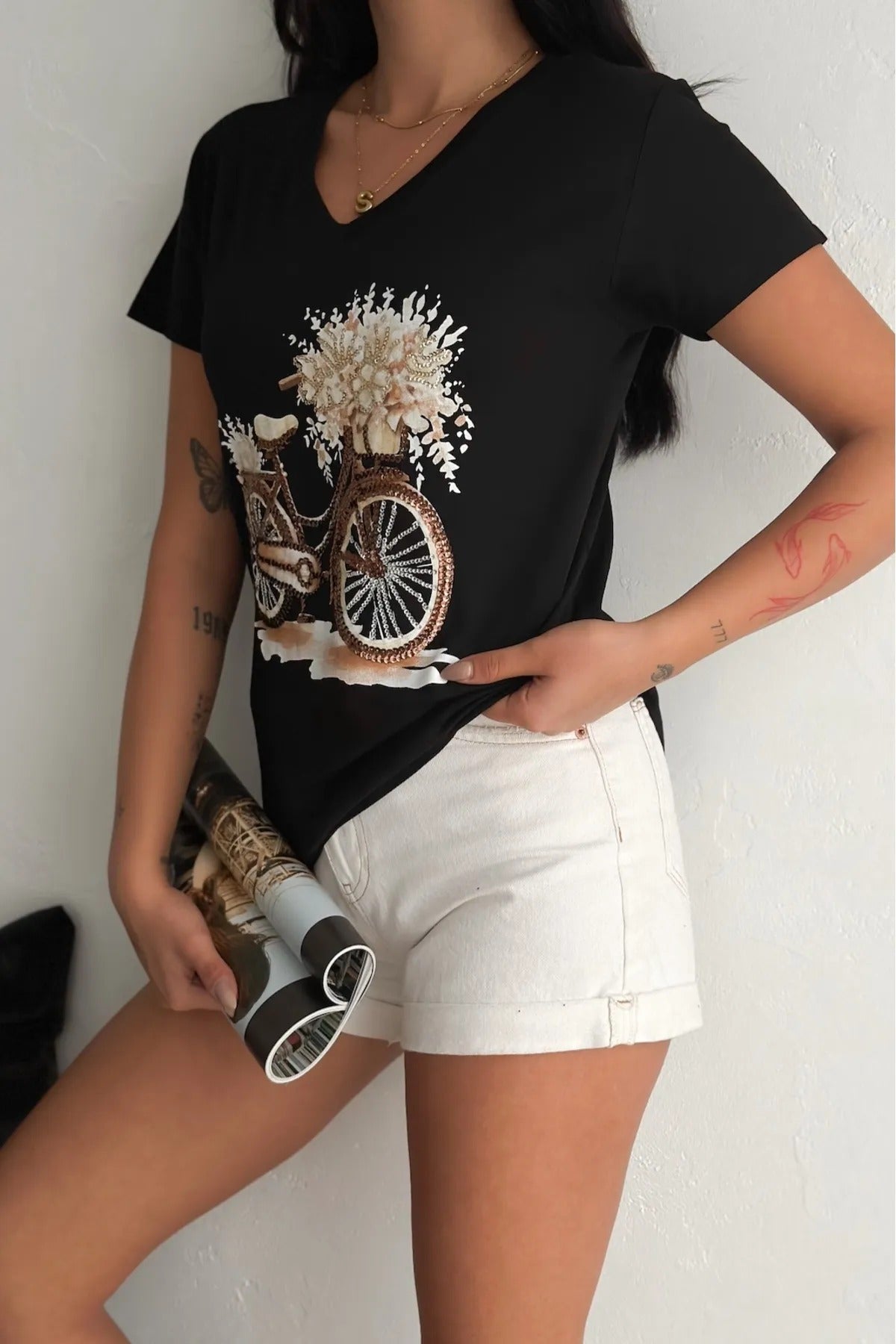 Camiseta de manga corta de algodón con lentejuelas de gato - Negra 