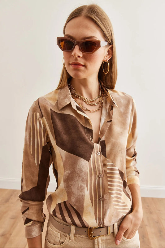 Brown Geometric Designer Button-Down Shirt