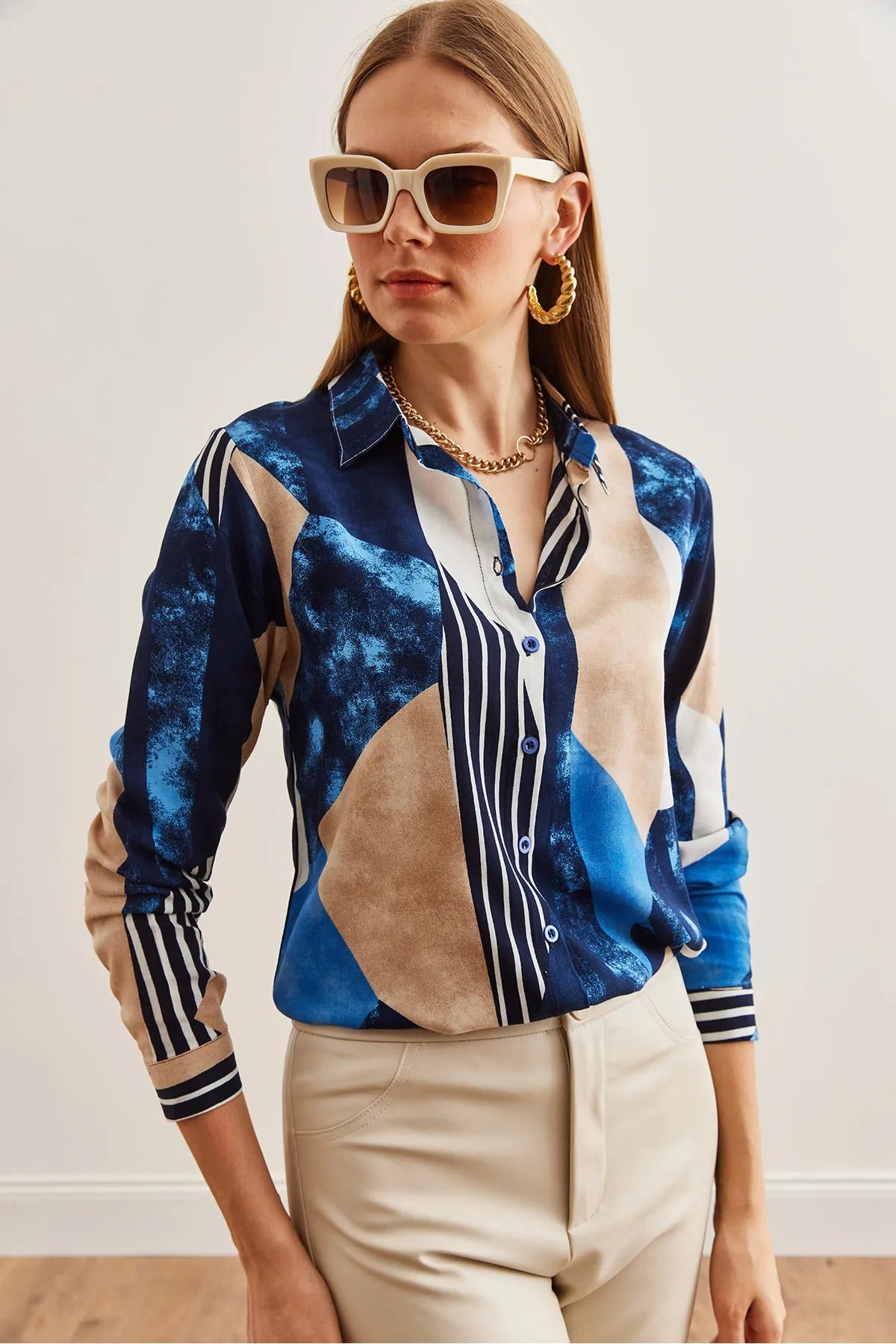 Dark Blue Geometric Designer Button-Down Shirt