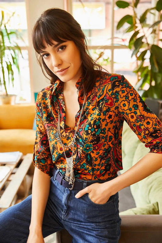 Boho Paisley Print Ethnic Orange Blouse