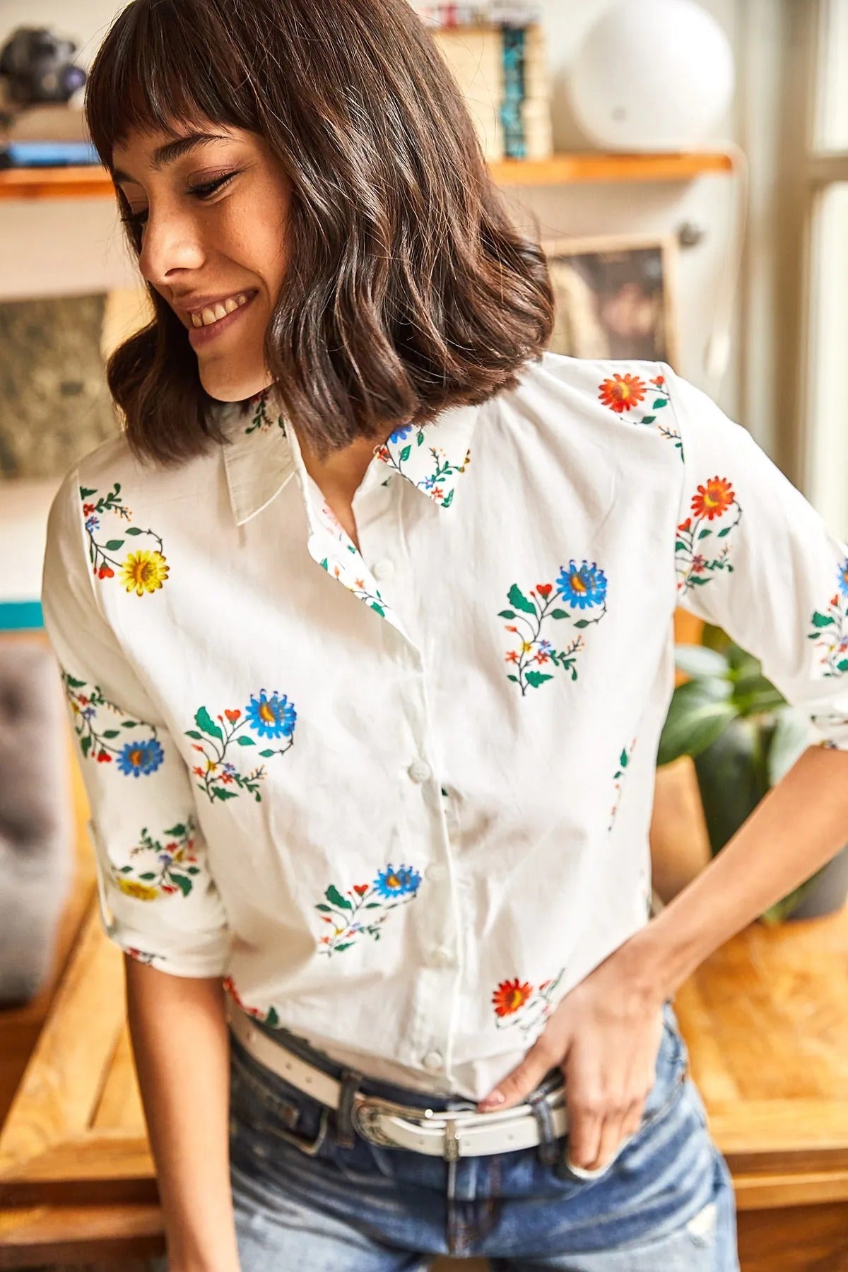 White Floral Designer Button Down Shirt