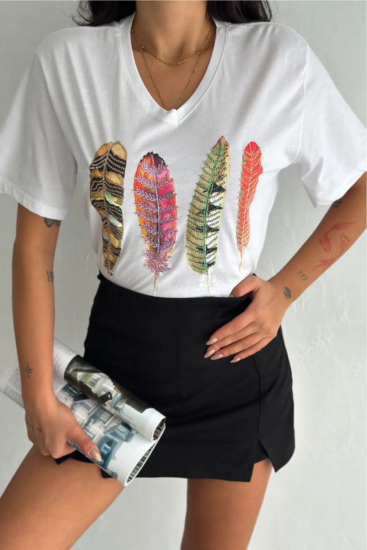 Leaf Sequin Cotton Short Sleeve T-Shirt - White