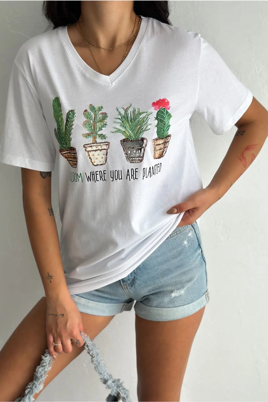 Cactus Floral Sequin Katoenen T-shirt - Wit 