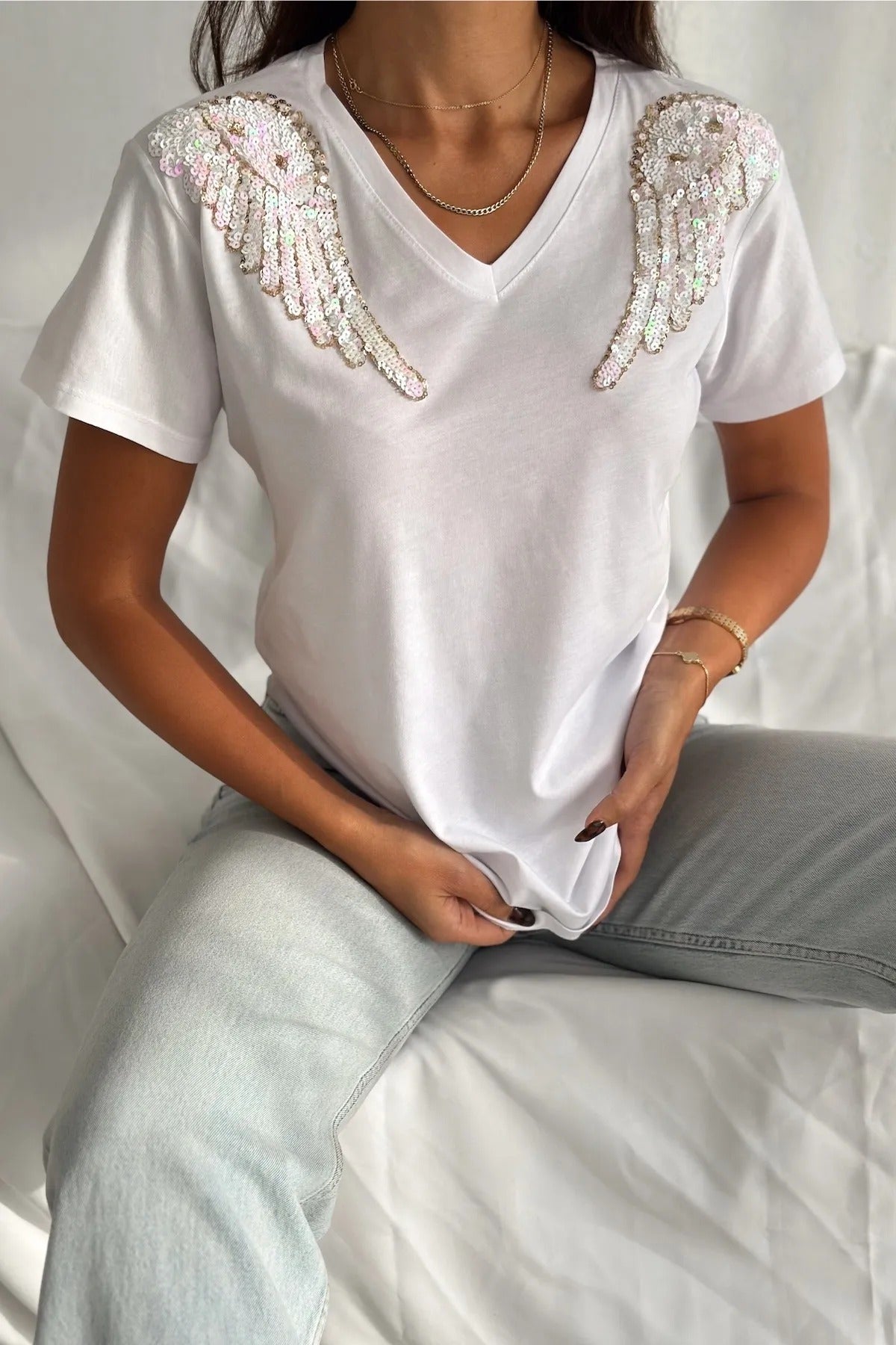 Angel Sequin katoenen T-shirt met korte mouwen - wit 