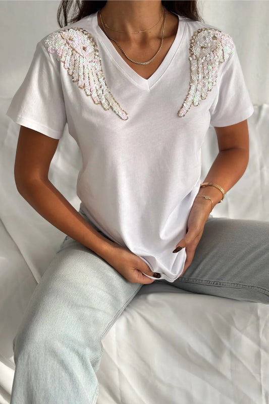 Camiseta de manga corta de algodón con lentejuelas de ángel - Blanca 