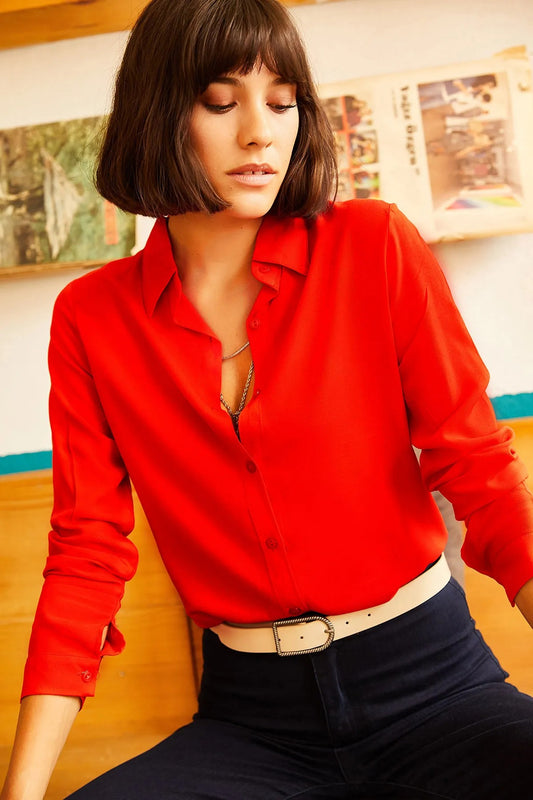 Red Blue Button-Down Blouse