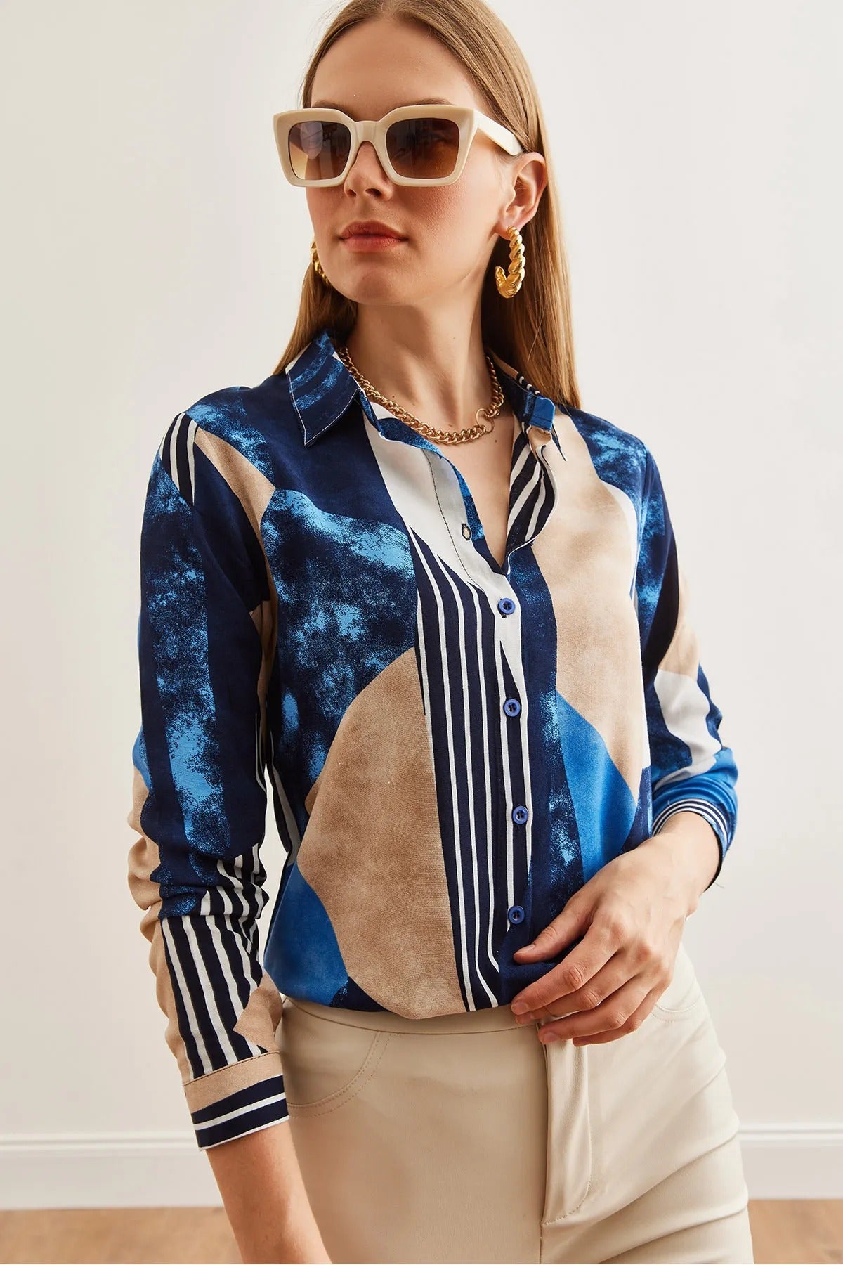 Dark Blue Geometric Designer Button-Down Shirt