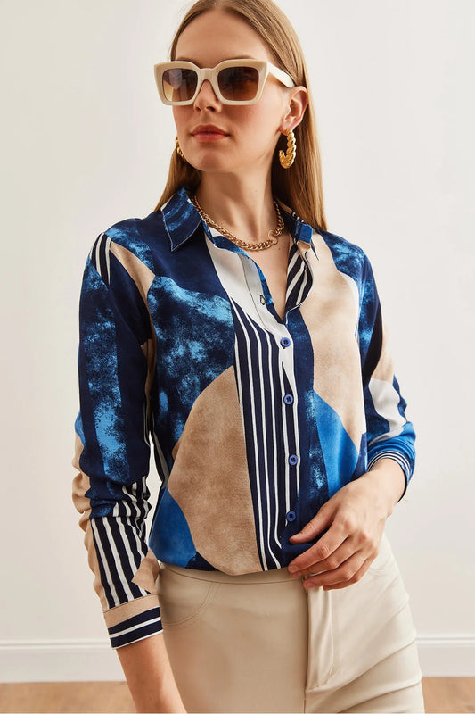 Dark Blue Geometric Designer Button-Down Shirt