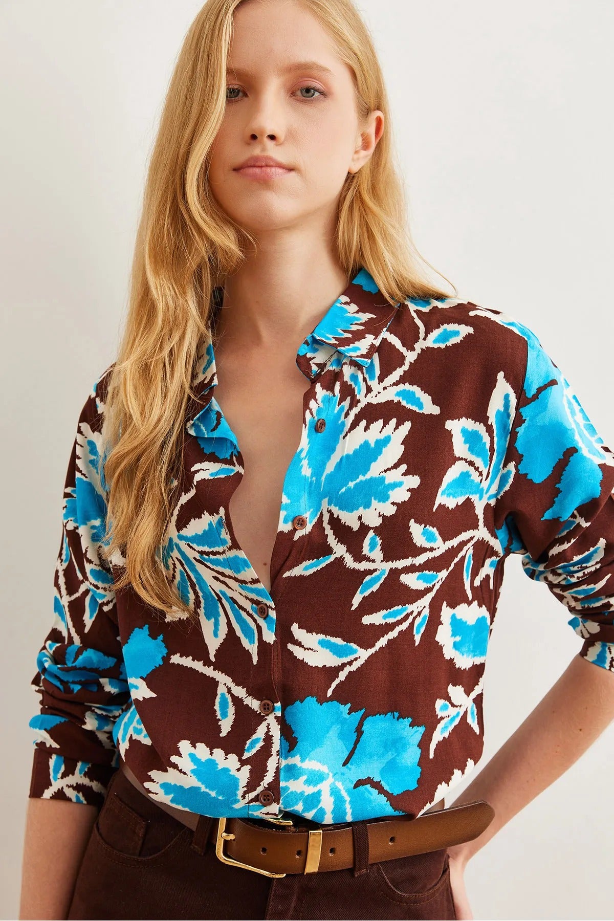Blue Brown Floral Designer Button Down Shirt