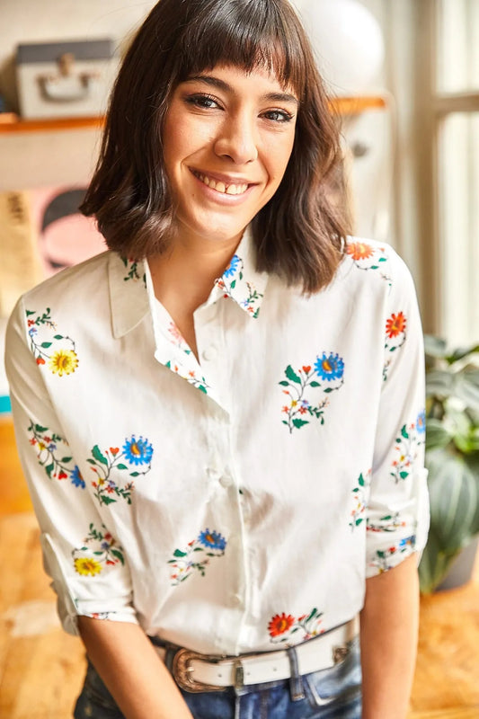White Floral Designer Button Down Shirt