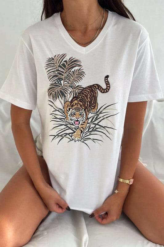 Leopard Sequin Cotton Short Sleeve T-Shirt - White