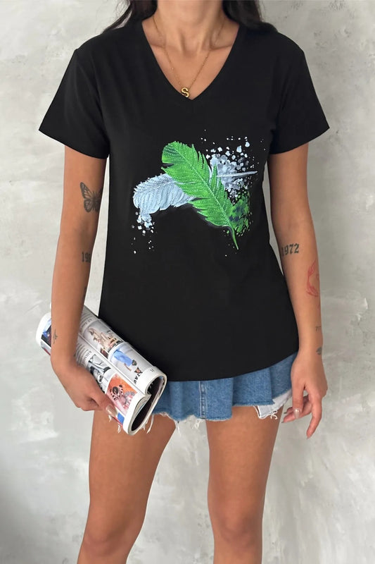 Leaf Sequin Cotton Short Sleeve T-Shirt - Black