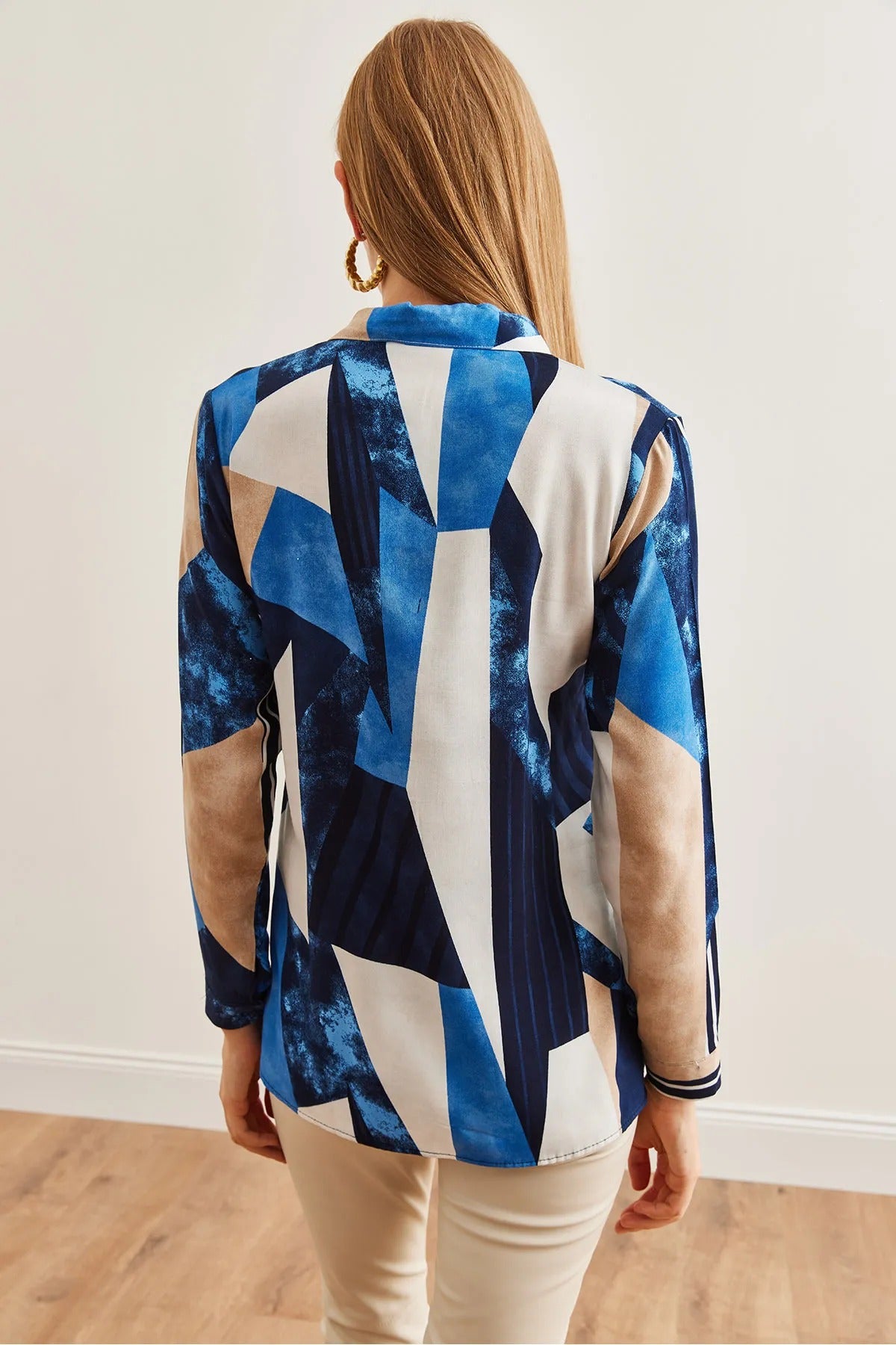 Dark Blue Geometric Designer Button-Down Shirt