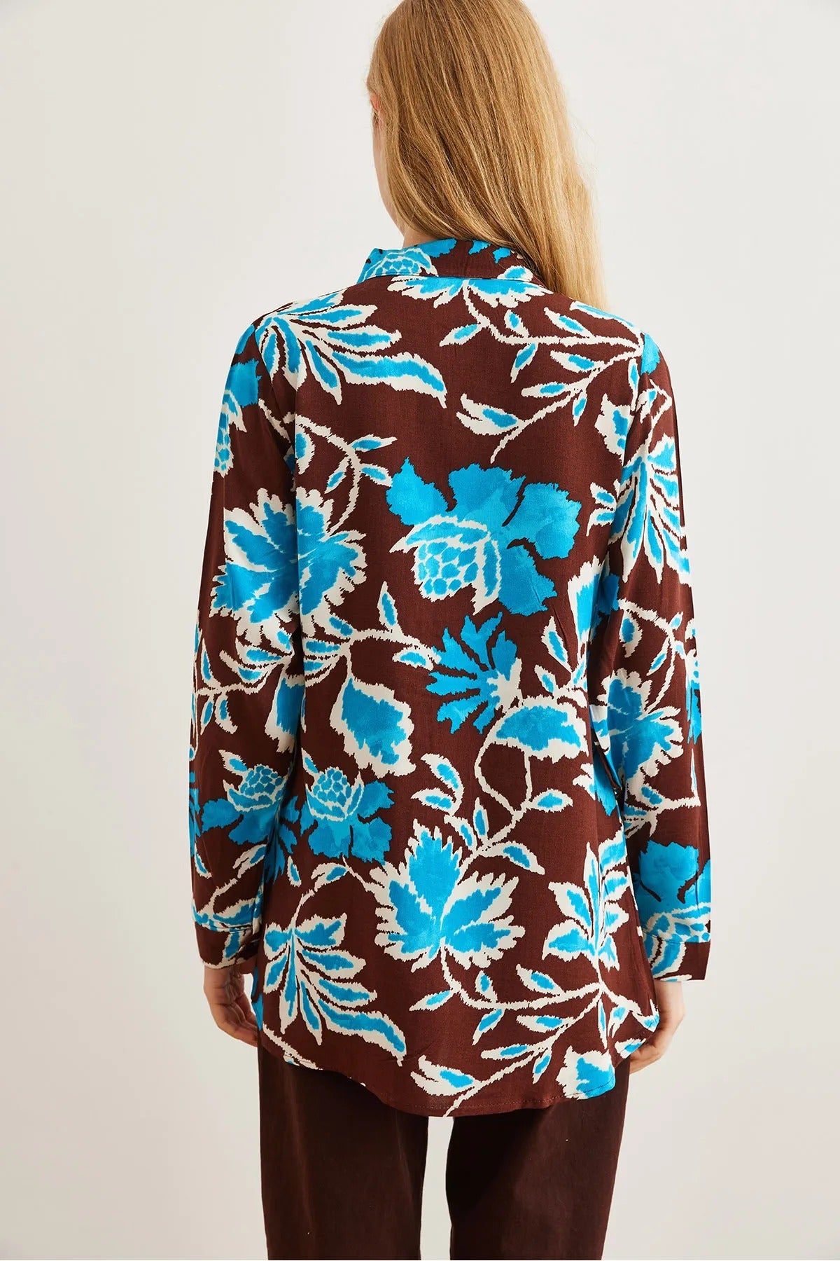 Blue Brown Floral Designer Button Down Shirt