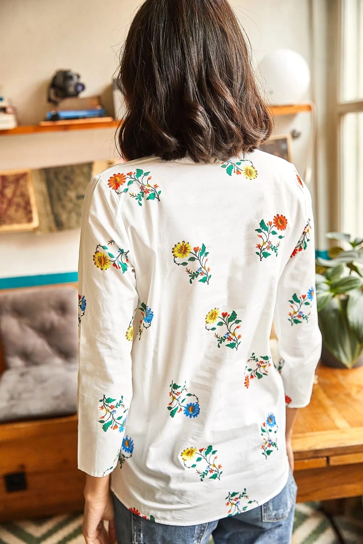 White Floral Designer Button Down Shirt