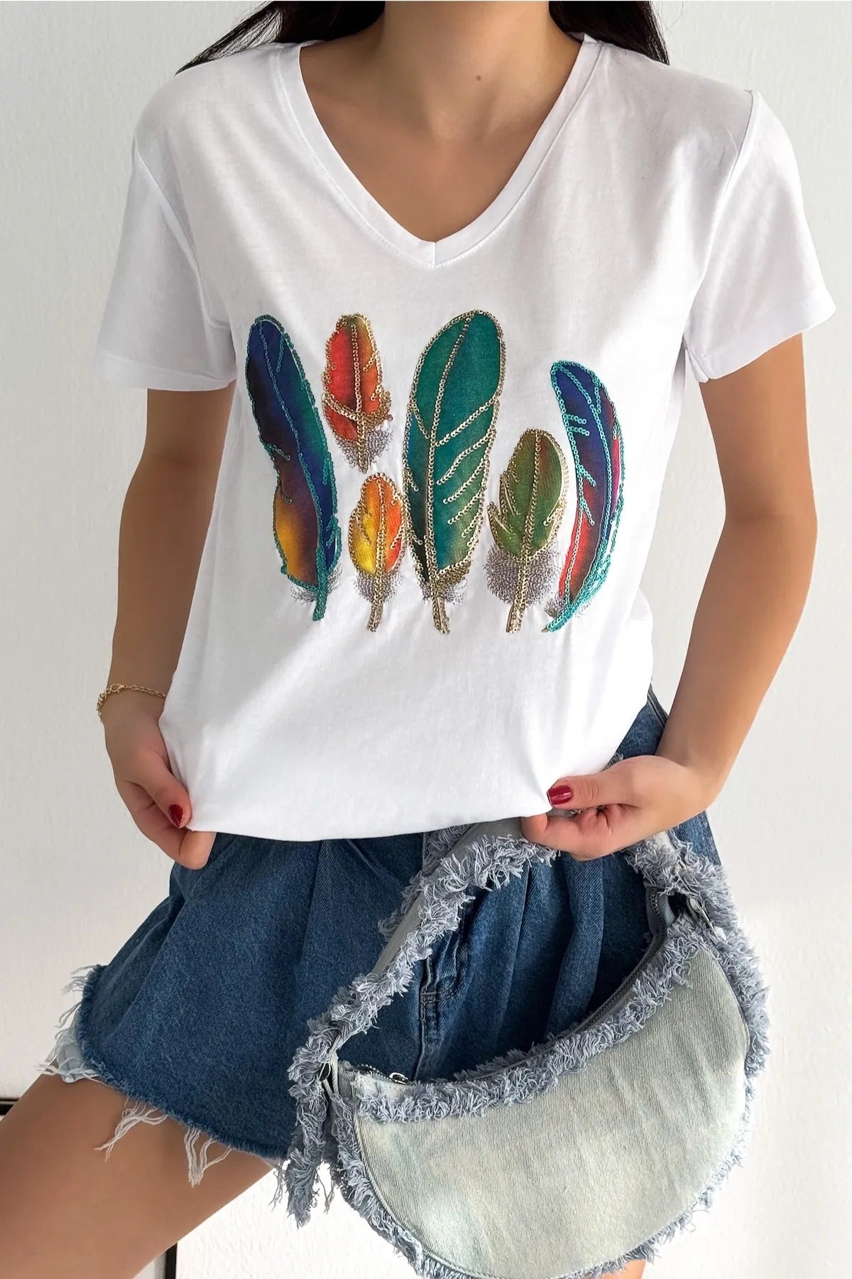 Cactus Floral Sequin Katoenen T-shirt - Wit 