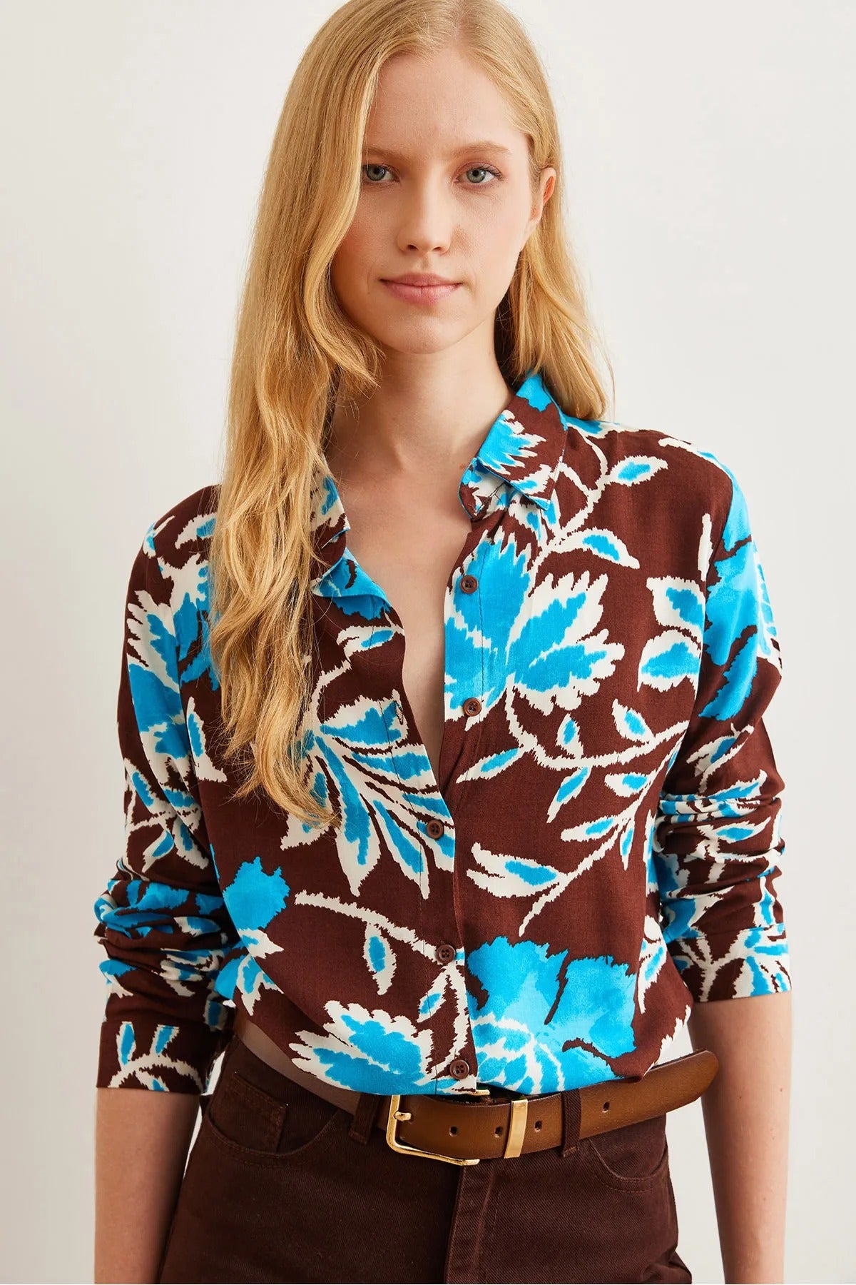 Blue Brown Floral Designer Button Down Shirt