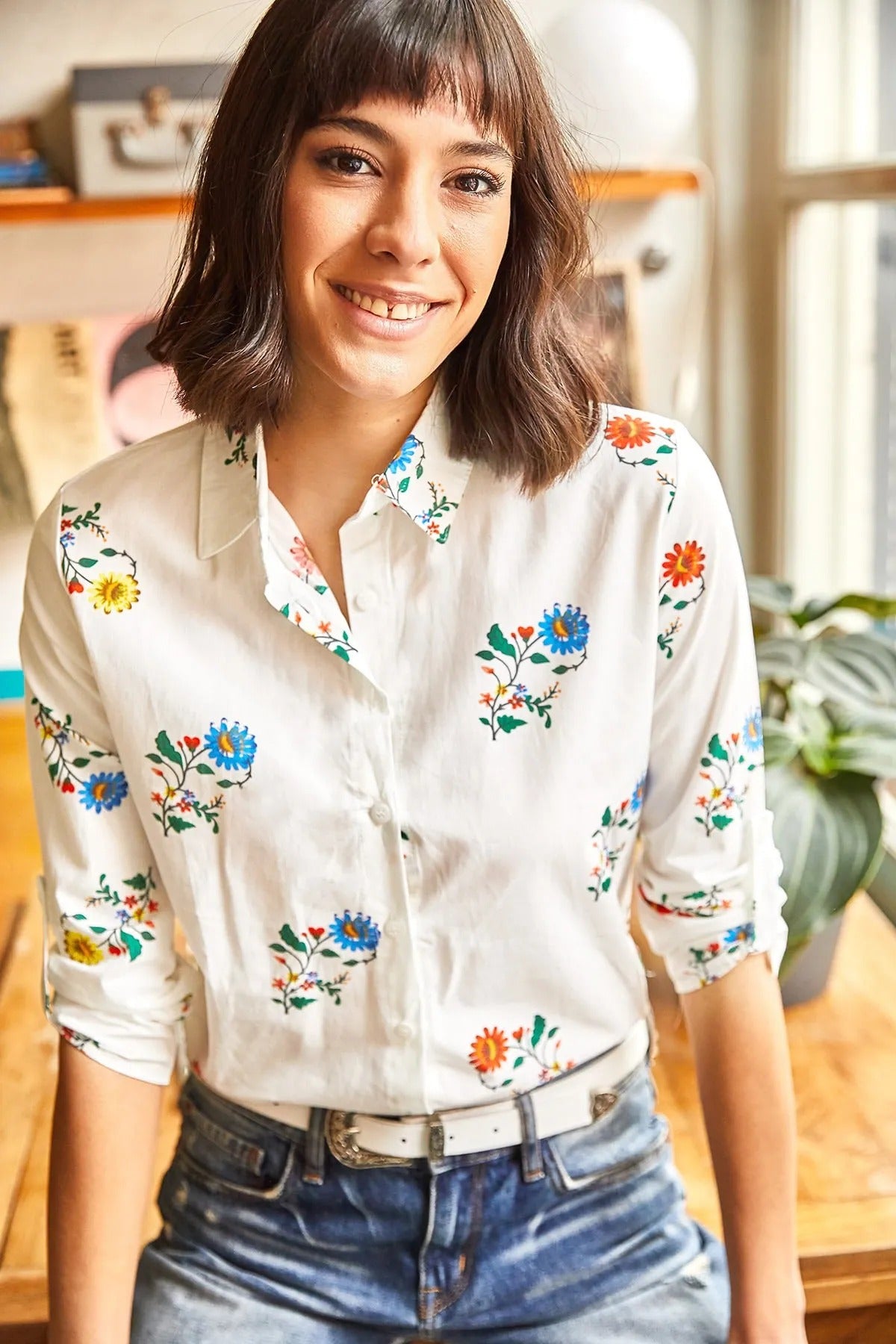 White Floral Designer Button Down Shirt