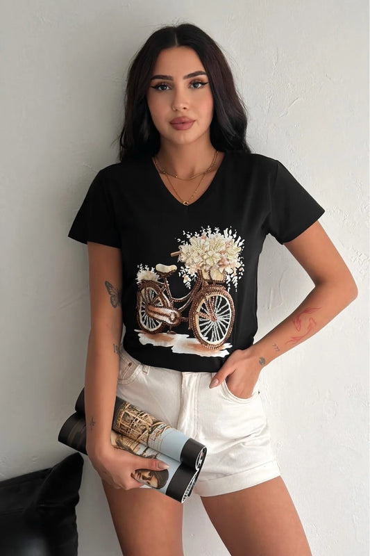 Camiseta de manga corta de algodón con lentejuelas de gato - Negra 