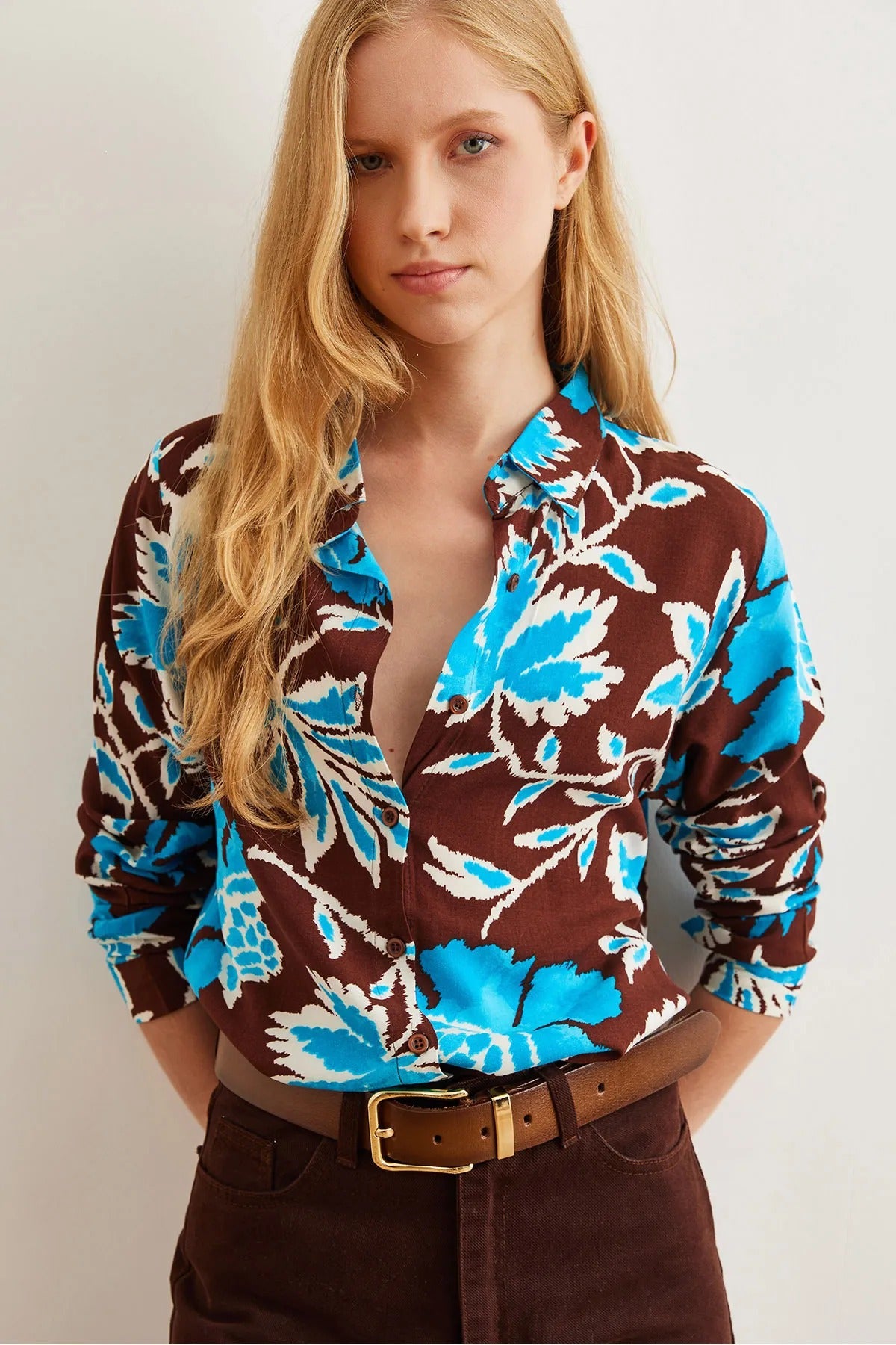 Blue Brown Floral Designer Button Down Shirt