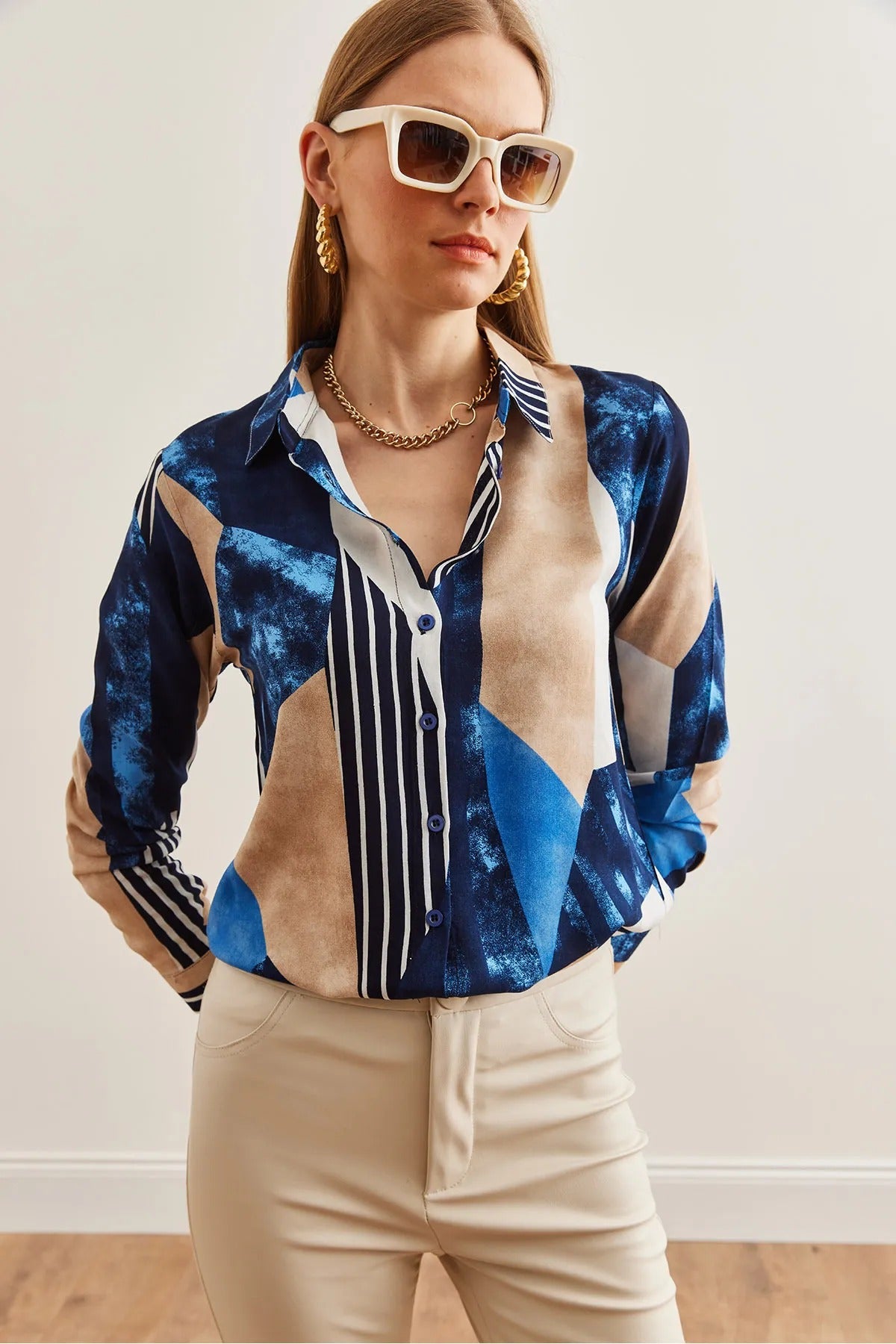 Dark Blue Geometric Designer Button-Down Shirt