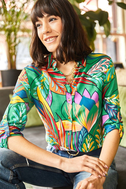 Green Floral Button Down Blouse