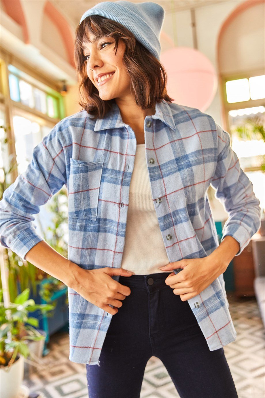 Chaqueta de franela a cuadros de manga larga azul roja